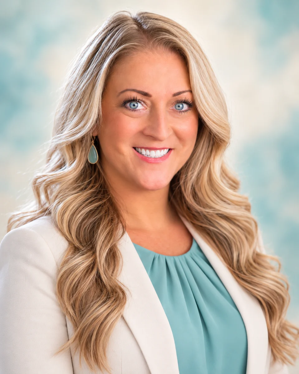 Tiffany, NovaClari founder, wearing a sea-glass teal blouse, white jacket and turquoise drop earrings